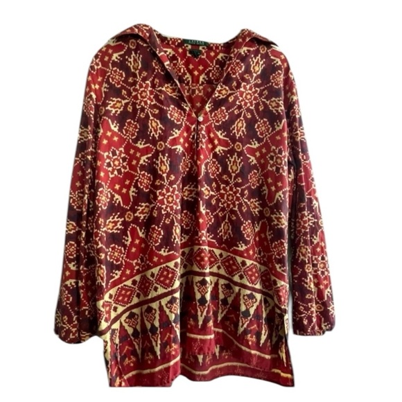 Lauren Ralph Lauren Blouse Size XL Women's Split v neck tunic top Red Cotton - Picture 1 of 6